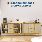 Buffet bahut de 120 cm avec portes coulissantes, meuble de rangement à panneaux ondulés avec plateau aspect marbre pour salle à manger - Chêne