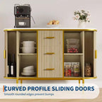 Buffet bahut de 120 cm avec portes coulissantes, meuble de rangement à panneaux ondulés avec plateau aspect marbre pour salle à manger - Chêne