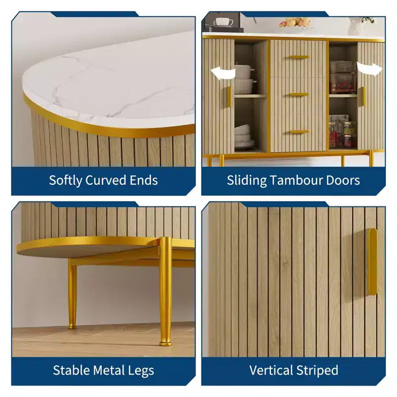 Buffet bahut de 120 cm avec portes coulissantes, meuble de rangement à panneaux ondulés avec plateau aspect marbre pour salle à manger - Chêne