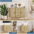 Buffet bahut de 120 cm avec portes coulissantes, meuble de rangement à panneaux ondulés avec plateau aspect marbre pour salle à manger - Chêne