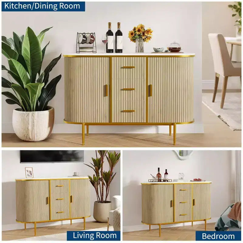 Buffet bahut de 120 cm avec portes coulissantes, meuble de rangement à panneaux ondulés avec plateau aspect marbre pour salle à manger - Chêne