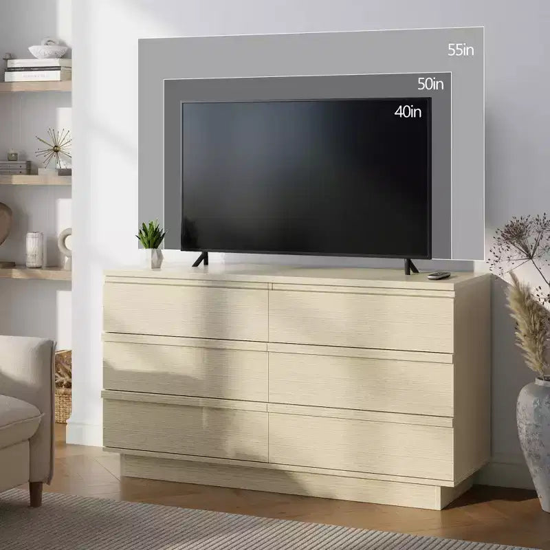 Commode double à 6 tiroirs Qwatto – Armoire de rangement moderne et large pour chambre à coucher avec tiroirs profonds pour salon, placard – Hêtre naturel