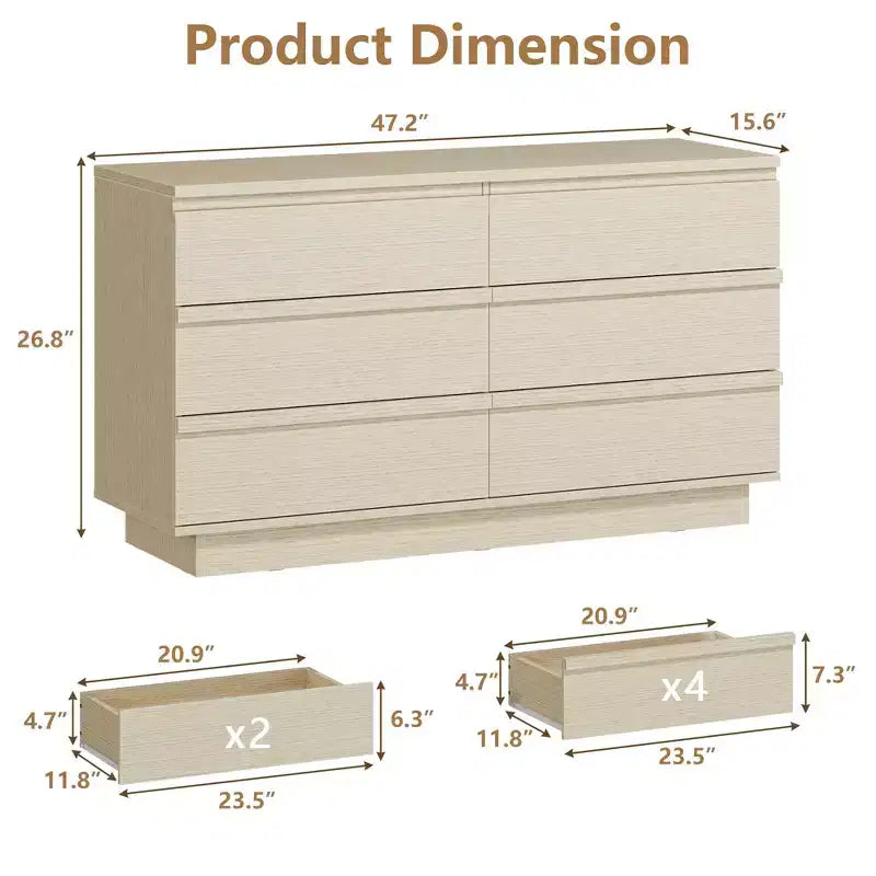 Commode double à 6 tiroirs Qwatto – Armoire de rangement moderne et large pour chambre à coucher avec tiroirs profonds pour salon, placard – Hêtre naturel