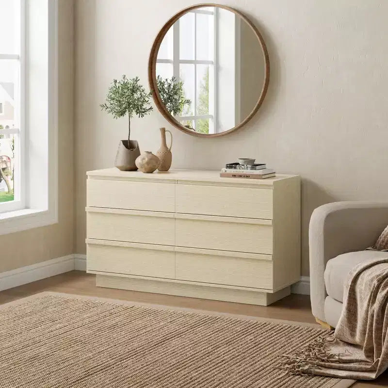 Commode double à 6 tiroirs Qwatto – Armoire de rangement moderne et large pour chambre à coucher avec tiroirs profonds pour salon, placard – Hêtre naturel
