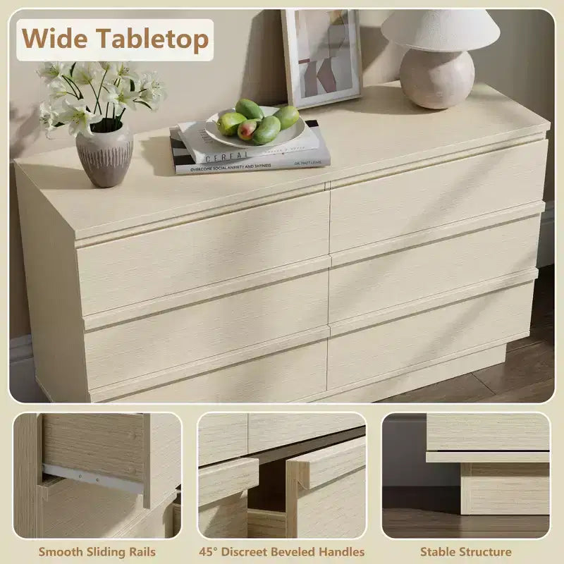 Commode double à 6 tiroirs Qwatto – Armoire de rangement moderne et large pour chambre à coucher avec tiroirs profonds pour salon, placard – Hêtre naturel