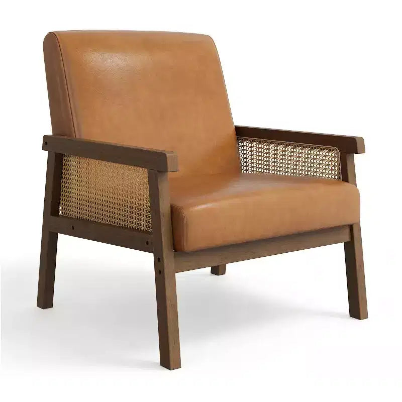 Fauteuil d'appoint moderne bohème en tissu de laine d'agneau avec accoudoirs en rotin, robuste et confortable, fauteuil de salon rembourré à dossier haut pour le salon