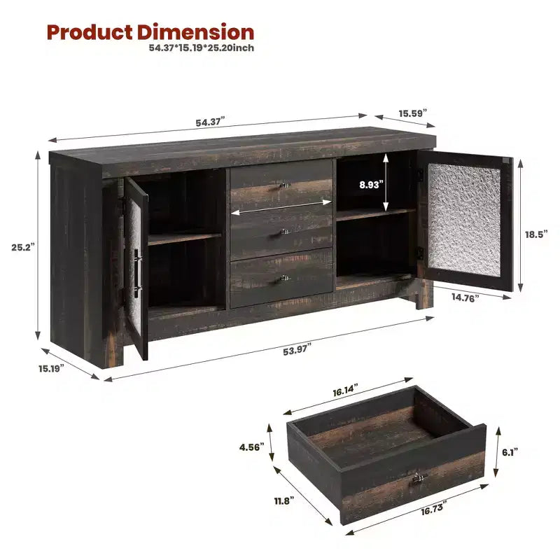 54 Buffet, Meuble de Rangement Autonome pour Cuisine, Salle à Manger et Salon, Finition Rustique