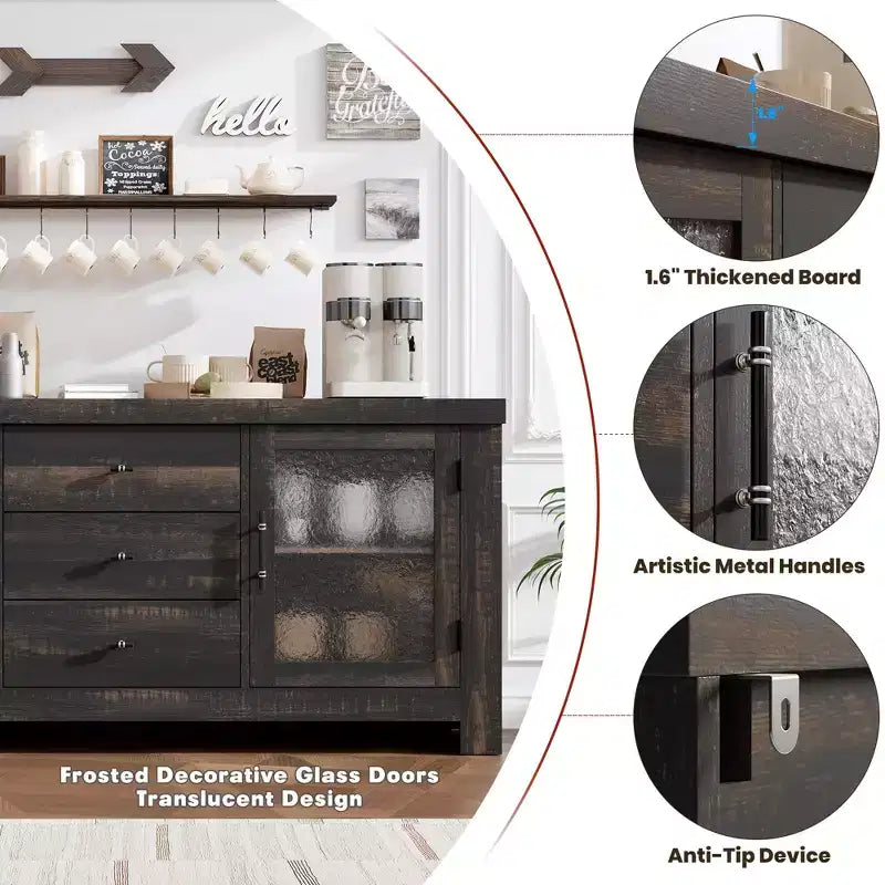 54 Buffet, Meuble de Rangement Autonome pour Cuisine, Salle à Manger et Salon, Finition Rustique