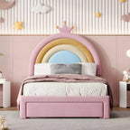 Lit jumeau capitonné Princesse Arc-en-ciel avec tiroir de rangement, Lit plateforme en velours, Coloré et rose
