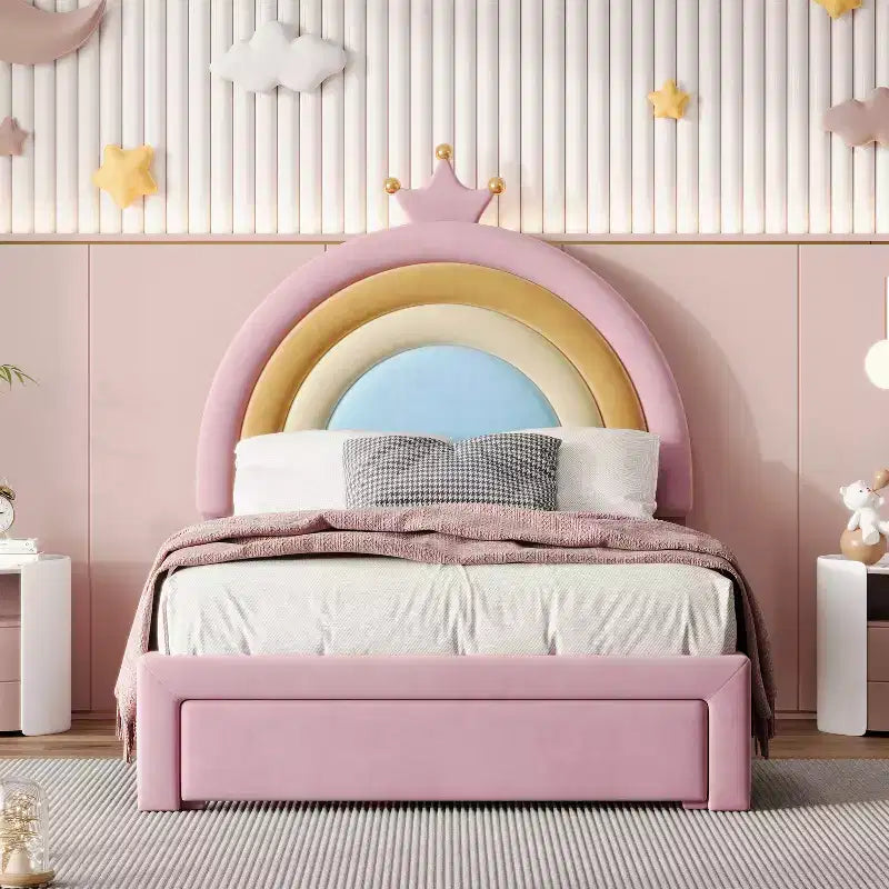 Lit jumeau capitonné Princesse Arc-en-ciel avec tiroir de rangement, Lit plateforme en velours, Coloré et rose