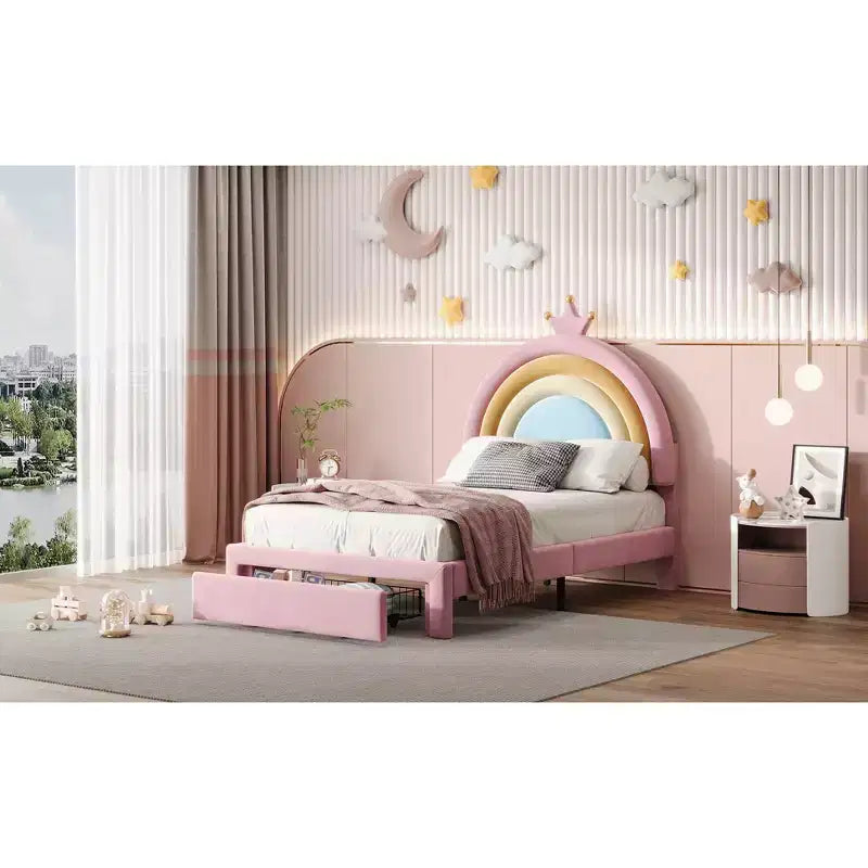 Lit jumeau capitonné Princesse Arc-en-ciel avec tiroir de rangement, Lit plateforme en velours, Coloré et rose