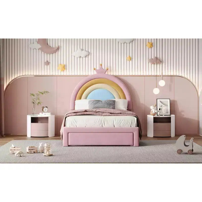 Lit jumeau capitonné Princesse Arc-en-ciel avec tiroir de rangement, Lit plateforme en velours, Coloré et rose