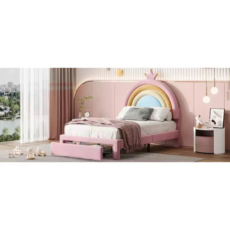 Lit jumeau capitonné Princesse Arc-en-ciel avec tiroir de rangement, Lit plateforme en velours, Coloré et rose
