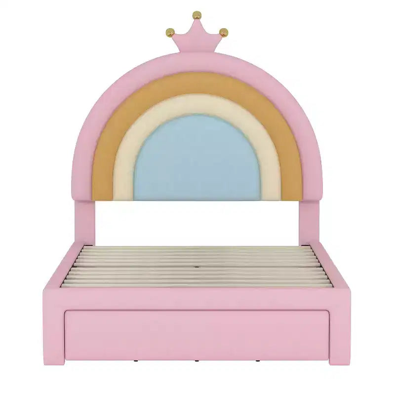 Lit jumeau capitonné Princesse Arc-en-ciel avec tiroir de rangement, Lit plateforme en velours, Coloré et rose