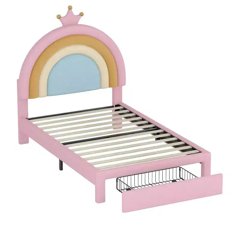 Lit jumeau capitonné Princesse Arc-en-ciel avec tiroir de rangement, Lit plateforme en velours, Coloré et rose