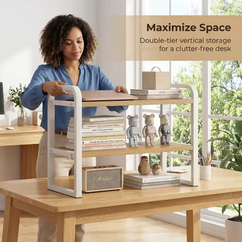 Organiseur d'étagère de bureau en bois à 2 niveaux Zeus & Ruta - Étagère de rangement en bois blanc pour bureau, commode, cabine et décoration de bibliothèque