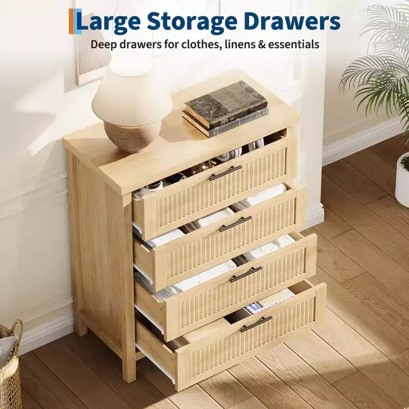 Commode à 4 tiroirs cannelés pour salon ou chambre, commode haute de 90 cm pour dressing, 4 tiroirs cannelés avec poignée en métal, armoire de rangement pour vêtements