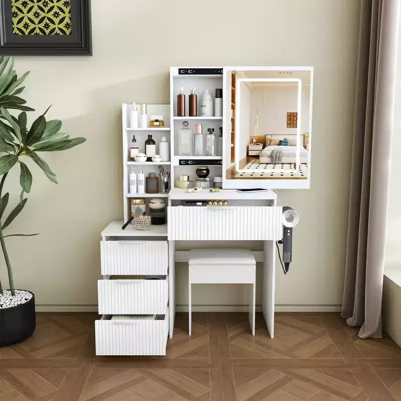 GDFStudio Wafa Coiffeuse moderne en bois avec lumière LED réglable, miroir et 1 chaise de coiffeuse