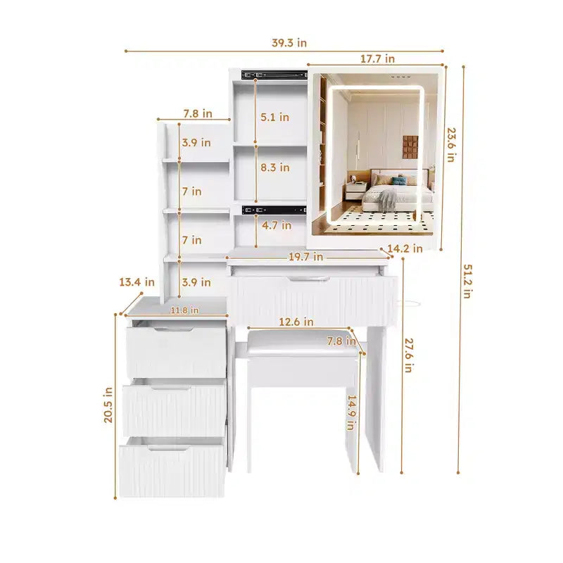 GDFStudio Wafa Coiffeuse moderne en bois avec lumière LED réglable, miroir et 1 chaise de coiffeuse
