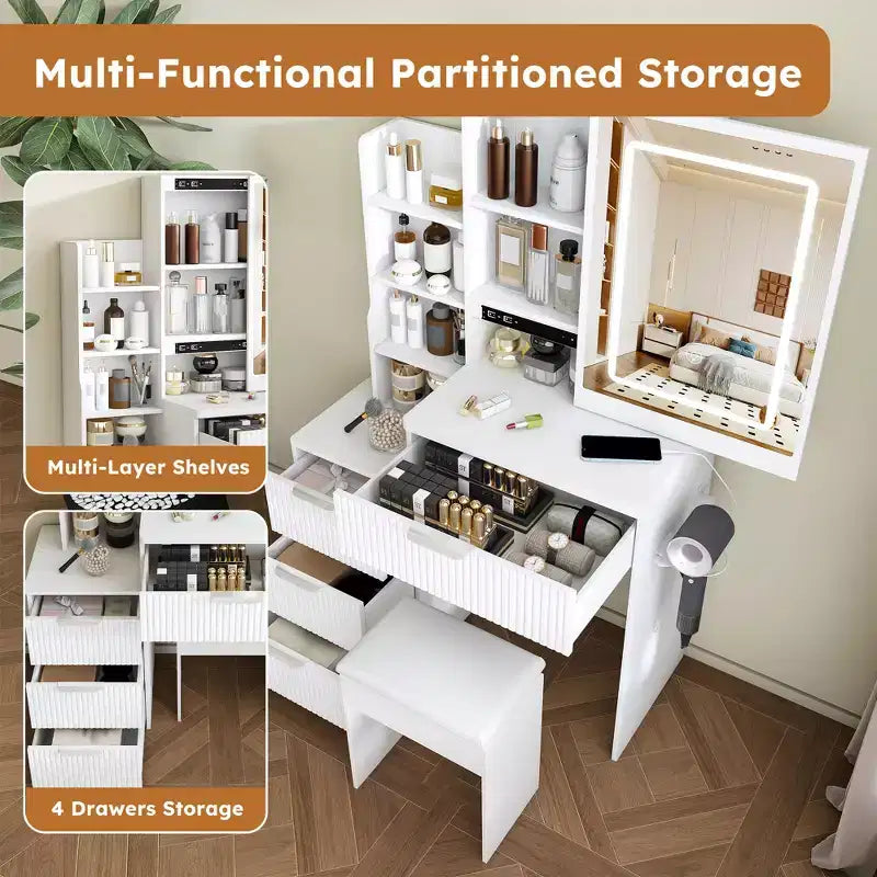 GDFStudio Wafa Coiffeuse moderne en bois avec lumière LED réglable, miroir et 1 chaise de coiffeuse