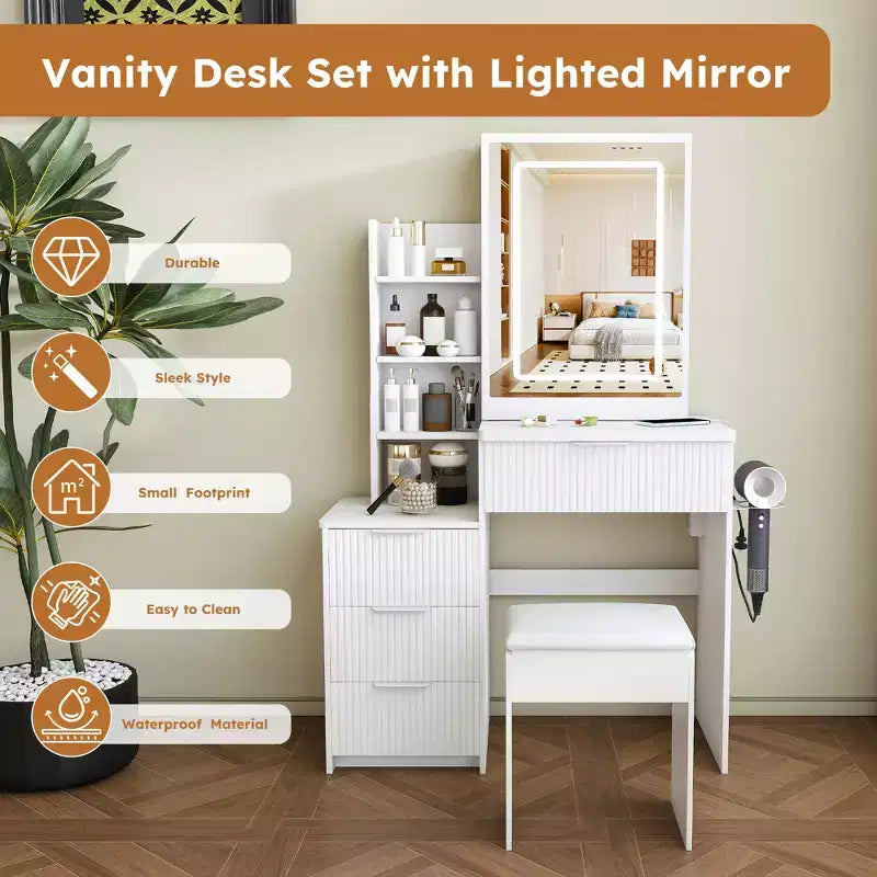 GDFStudio Wafa Coiffeuse moderne en bois avec lumière LED réglable, miroir et 1 chaise de coiffeuse