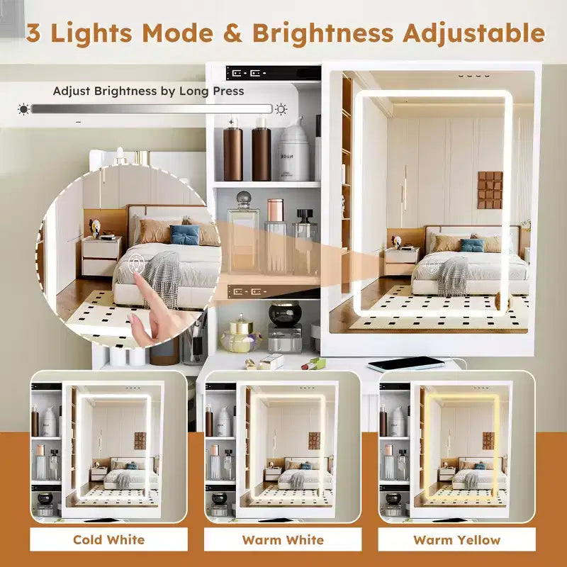 GDFStudio Wafa Coiffeuse moderne en bois avec lumière LED réglable, miroir et 1 chaise de coiffeuse