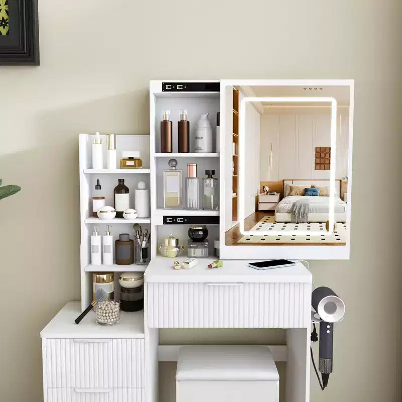 GDFStudio Wafa Coiffeuse moderne en bois avec lumière LED réglable, miroir et 1 chaise de coiffeuse