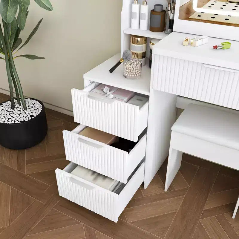 GDFStudio Wafa Coiffeuse moderne en bois avec lumière LED réglable, miroir et 1 chaise de coiffeuse