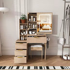 GDFStudio Wafa Coiffeuse moderne en bois avec lumière LED réglable, miroir et 1 chaise de coiffeuse