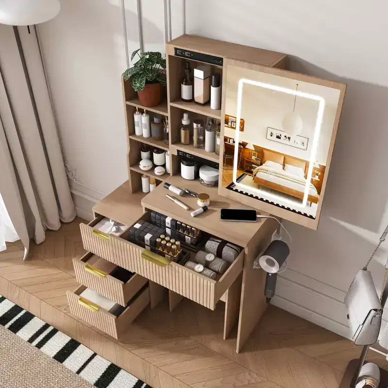 GDFStudio Wafa Coiffeuse moderne en bois avec lumière LED réglable, miroir et 1 chaise de coiffeuse