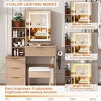 GDFStudio Wafa Coiffeuse moderne en bois avec lumière LED réglable, miroir et 1 chaise de coiffeuse