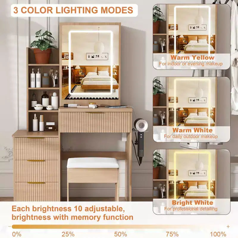 GDFStudio Wafa Coiffeuse moderne en bois avec lumière LED réglable, miroir et 1 chaise de coiffeuse