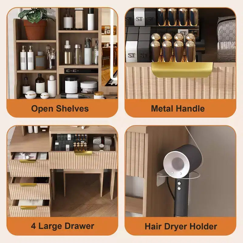 GDFStudio Wafa Coiffeuse moderne en bois avec lumière LED réglable, miroir et 1 chaise de coiffeuse