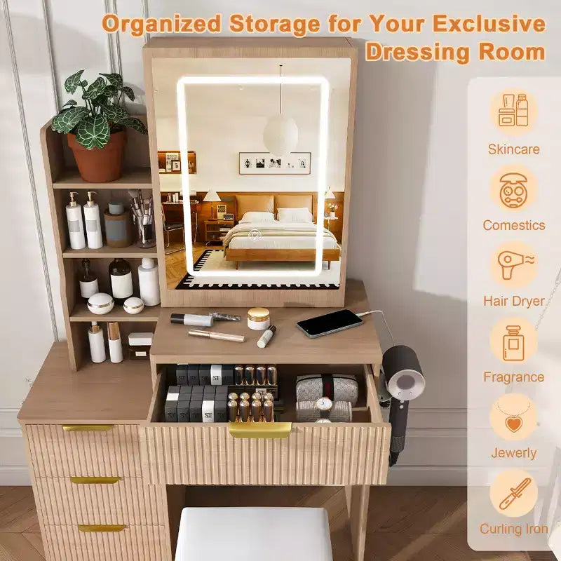 GDFStudio Wafa Coiffeuse moderne en bois avec lumière LED réglable, miroir et 1 chaise de coiffeuse