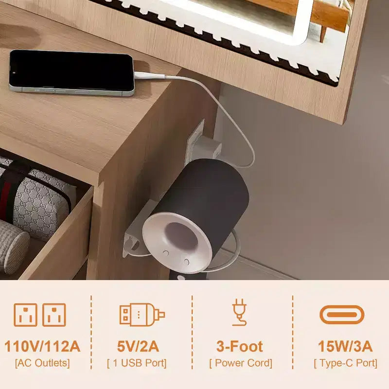 GDFStudio Wafa Coiffeuse moderne en bois avec lumière LED réglable, miroir et 1 chaise de coiffeuse