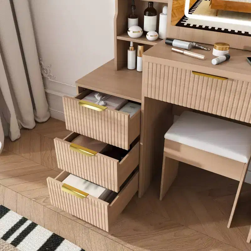 GDFStudio Wafa Coiffeuse moderne en bois avec lumière LED réglable, miroir et 1 chaise de coiffeuse