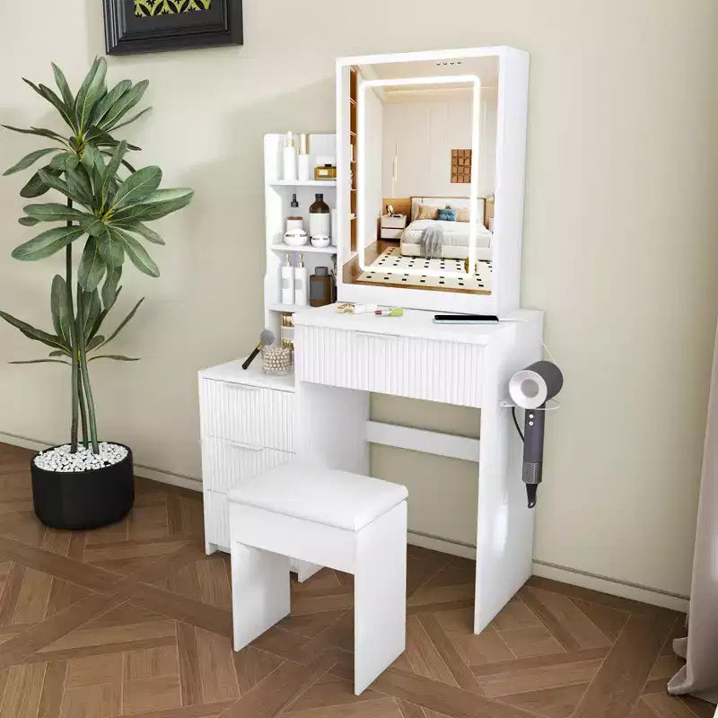GDFStudio Wafa Coiffeuse moderne en bois avec lumière LED réglable, miroir et 1 chaise de coiffeuse