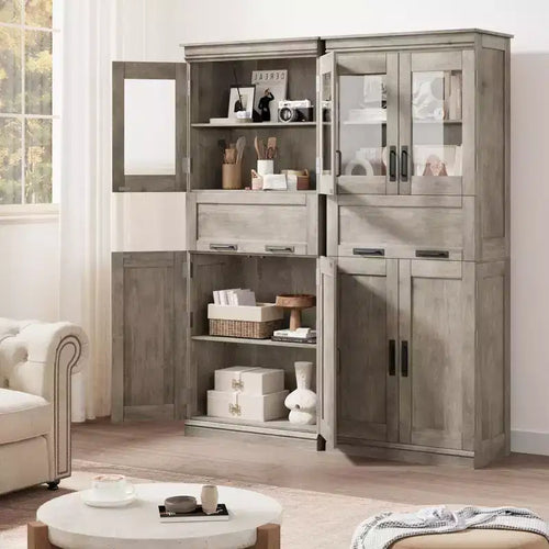 Armoire de rangement de salle de bain de 170 cm de hauteur, meuble autoportant avec 4 portes et tiroir vitré relevable, étagères réglables pour cellier de cuisine