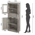 Armoire de rangement de salle de bain de 170 cm de hauteur, meuble autoportant avec 4 portes et tiroir vitré relevable, étagères réglables pour cellier de cuisine