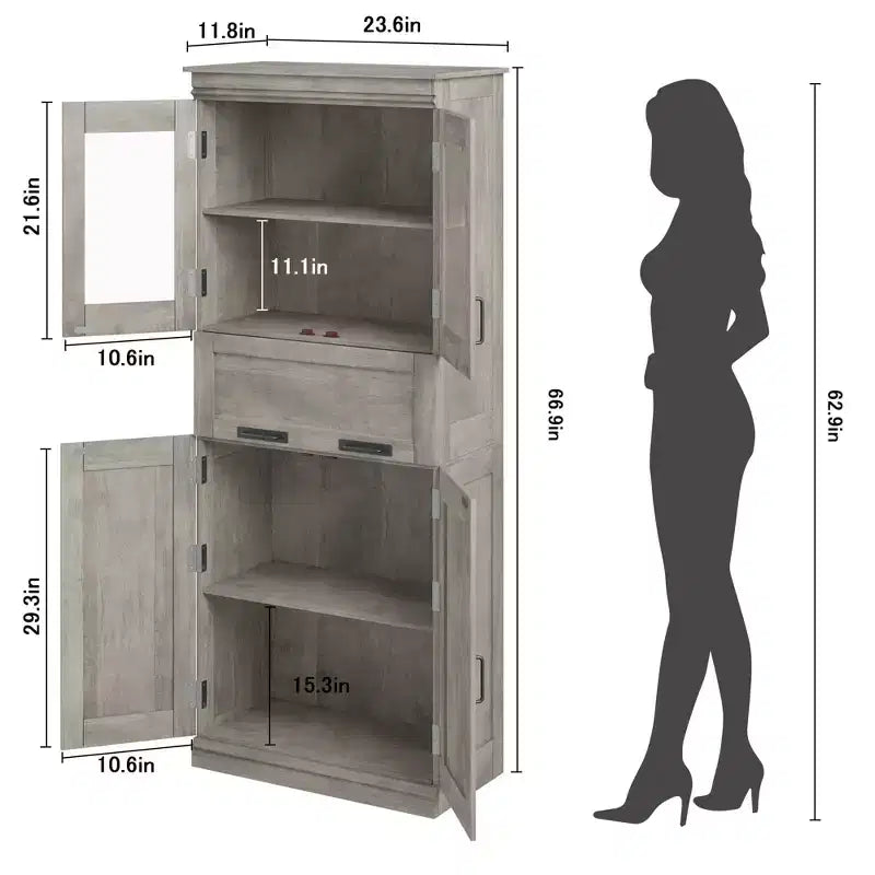 Armoire de rangement de salle de bain de 170 cm de hauteur, meuble autoportant avec 4 portes et tiroir vitré relevable, étagères réglables pour cellier de cuisine