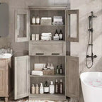 Armoire de rangement de salle de bain de 170 cm de hauteur, meuble autoportant avec 4 portes et tiroir vitré relevable, étagères réglables pour cellier de cuisine