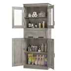 Armoire de rangement de salle de bain de 170 cm de hauteur, meuble autoportant avec 4 portes et tiroir vitré relevable, étagères réglables pour cellier de cuisine