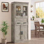 Armoire de rangement de salle de bain de 170 cm de hauteur, meuble autoportant avec 4 portes et tiroir vitré relevable, étagères réglables pour cellier de cuisine