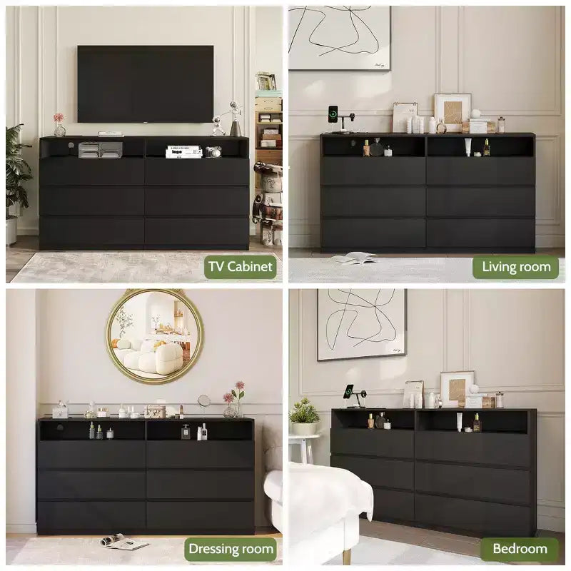 Commode 6 tiroirs Dyonery avec LED pour chambre, organisateur de rangement en bois de 120 cm avec station de charge, commodes avec étagères ouvertes, chiffonnier
