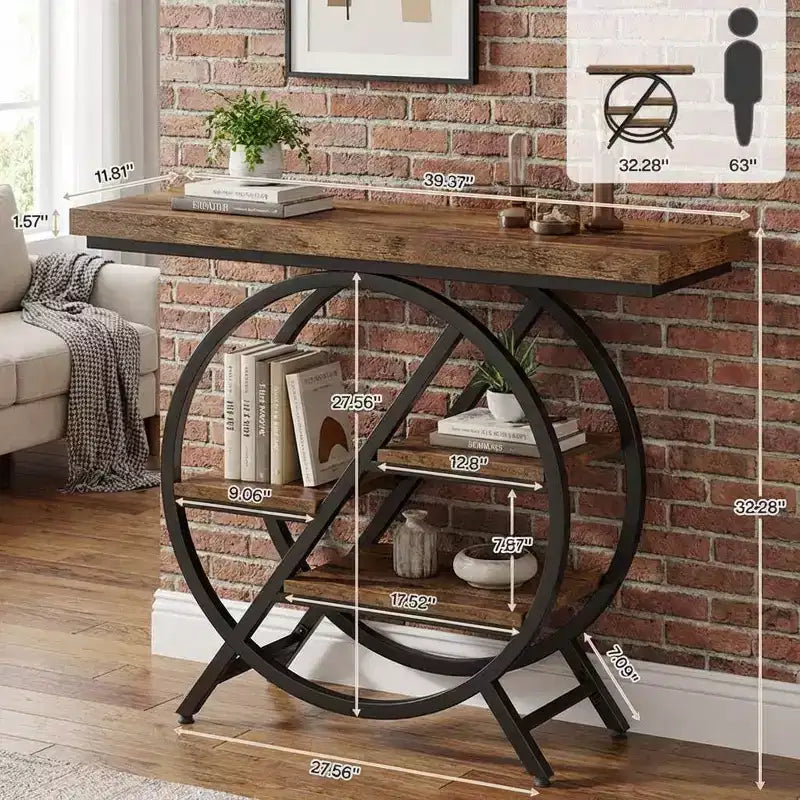 JVNOXK Table d'appoint d'entrée au style industriel chic avec cadre métallique rond et étagères de rangement ouvertes