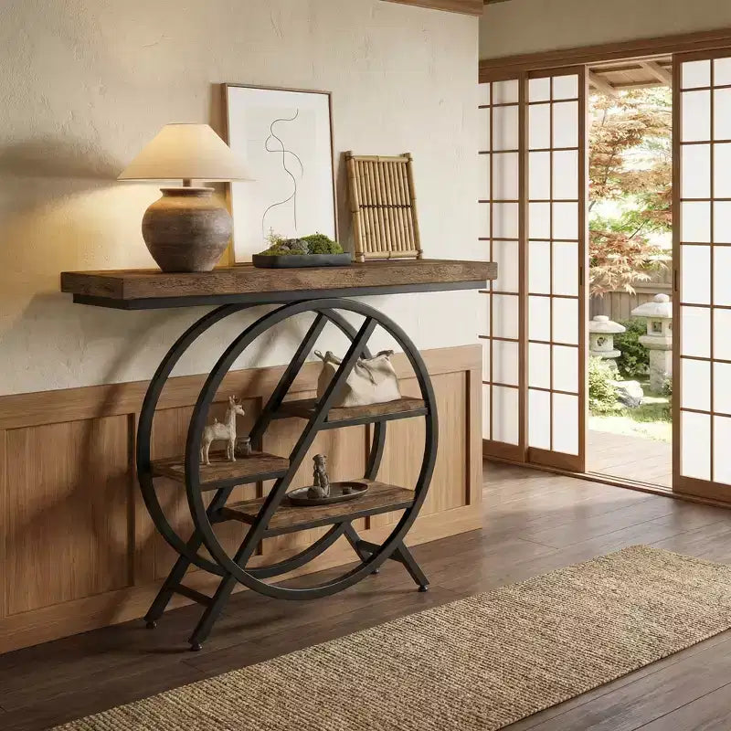 JVNOXK Table d'appoint d'entrée au style industriel chic avec cadre métallique rond et étagères de rangement ouvertes