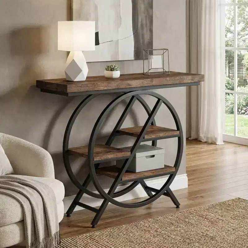 JVNOXK Table d'appoint d'entrée au style industriel chic avec cadre métallique rond et étagères de rangement ouvertes