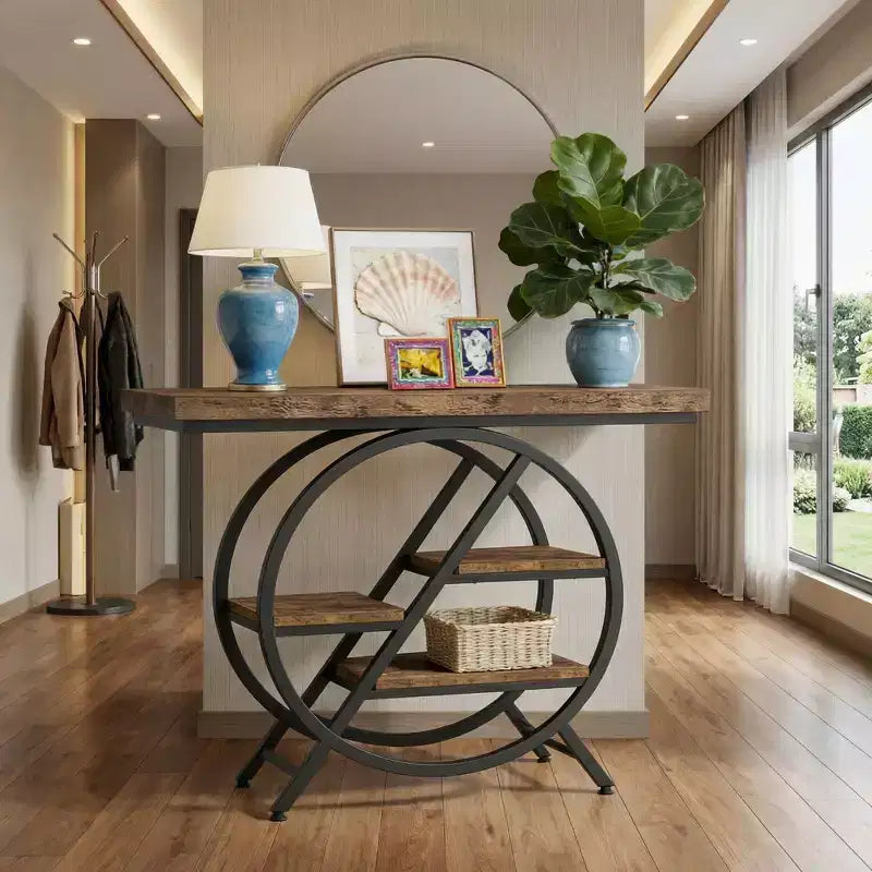 JVNOXK Table d'appoint d'entrée au style industriel chic avec cadre métallique rond et étagères de rangement ouvertes