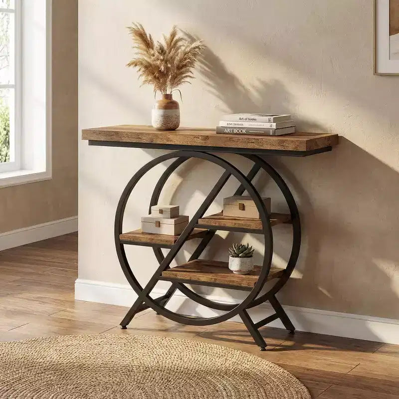 JVNOXK Table d'appoint d'entrée au style industriel chic avec cadre métallique rond et étagères de rangement ouvertes