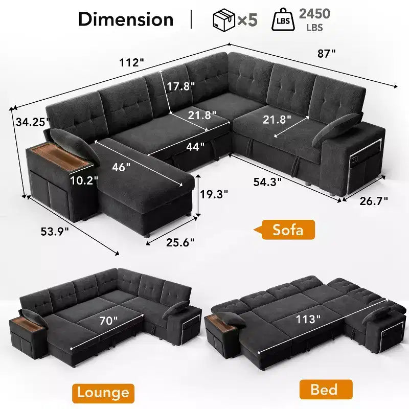 Ensemble canapé modulaire Dyonery 112, canapé-lit d'angle 7 places / Avec accoudoirs chaise longue de rangement réglables en hauteur / USB/éclairage LED, canapé-lit en chenille.